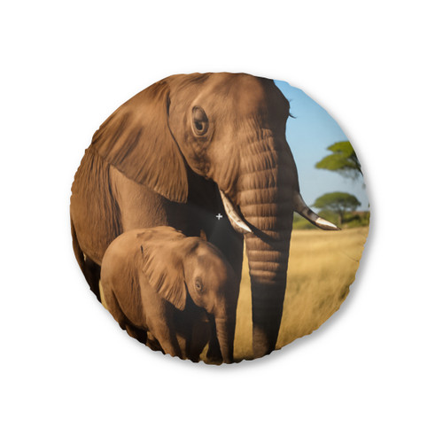 Gentle Elephant Embrace - Tufted Floor Pillow, Round