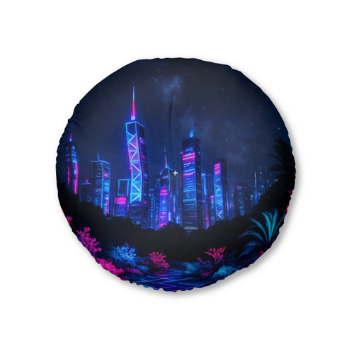 Neon Dreamscape - Tufted Floor Pillow, Round