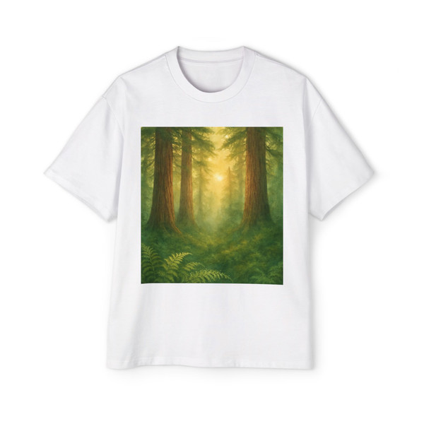 Misty Dawn Over Ancient Redwood Forest - Men's Heavy Oversized Tee