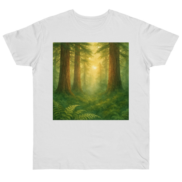 Misty Dawn Over Ancient Redwood Forest - Single Jersey T-shirt