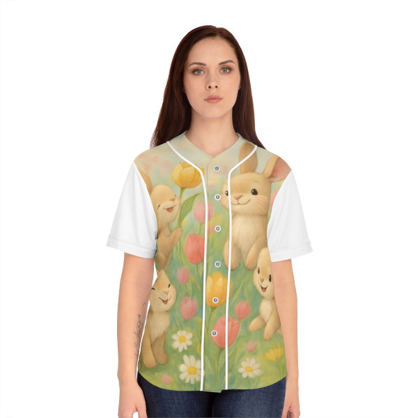 Bunny Blossom Parade - Women's Baseball Jersey (AOP) Bunny Blossom Parade - Women's Baseball Jersey (AOP)