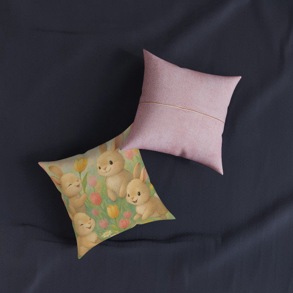 Bunny Blossom Parade - Square Pillow - Pink Back