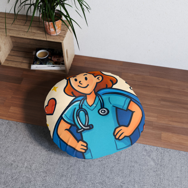 Nurse Superhero Spirit - Tufted Floor Pillow, Round