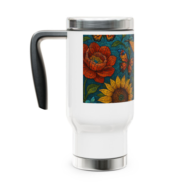 Nature's Mosaic Symphony - Stainless Steel Travel Mug with Handle, 14oz
