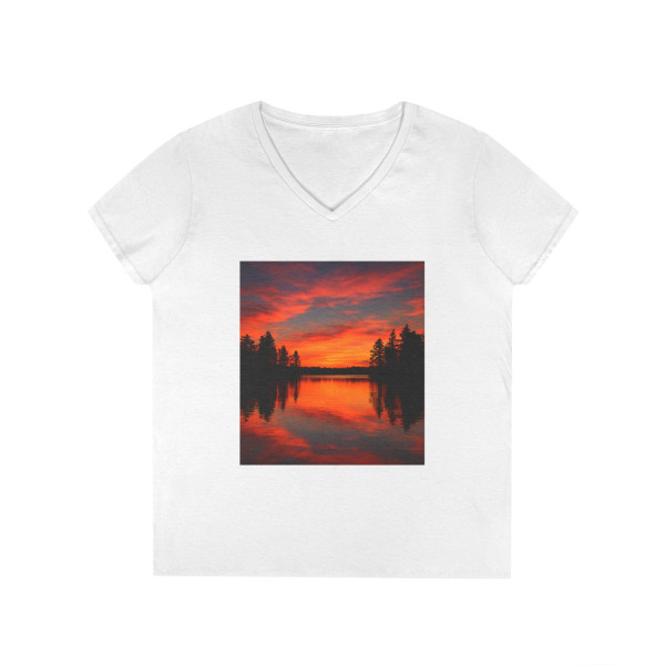 Sunset Over Tranquil Lake - Ladies' V-Neck T-Shirt
