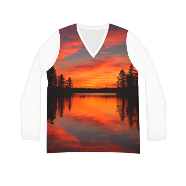 Sunset Over Tranquil Lake - Women's Long Sleeve V-neck Shirt (AOP)