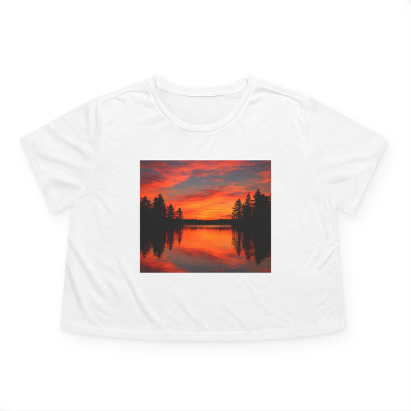 Sunset Over Tranquil Lake - Women's Flowy Cropped Tee