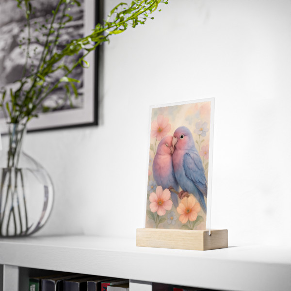 Whimsical Love Birds - Acrylic Sign with Wooden Stand