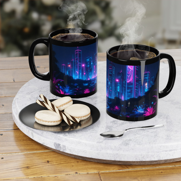 Neon Dreamscape - Black Coffee Mug, 11oz