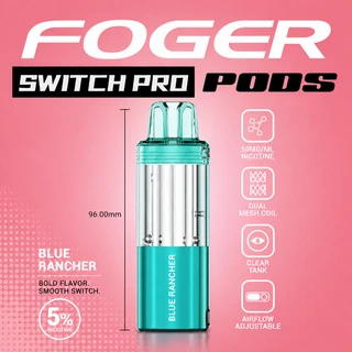 Foger Switch Pro Blue Rancher 30K puff pod with transparent tank and Blue Rancher flavor-branded lower body on white studio background