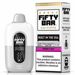 Fifty Bar Kiberry Chew 20K disposable vape shown with matching retail packaging, featuring a white and silver finish, front digital battery display, Active Boost, dual parallel mesh coil, and 5% nicotine