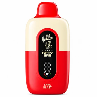 Lava Blast Hidden Hills x Fifty Bar 20K disposable vape with a glossy red lower body and mouthpiece, cream upper shell, front digital power screen, and rounded compact design