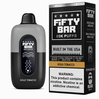 Gold Tobacco Fifty Bar Black Series shown with its retail box, 20,000 puffs, 5% nicotine