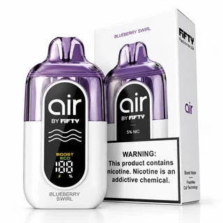 Blueberry Swirl Air by Fifty disposable vape presented with matching retail packaging, featuring a polished purple upper shell, white body, digital battery screen, Boost Mode, and FreshMax coil technology