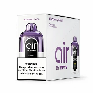 Air by Fifty Blueberry Swirl 5-pack disposable vape carton featuring purple metallic and white devices, FreshMax coil technology, Boost/Eco modes, and 5% nicotine