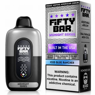 Iced Blue Rancher Fifty Bar Midnight Series shown with its retail box, 20,000 puffs, 5% nicotine
