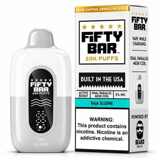 Fifty Bar 20K disposable vape in the updated Baja Mango flavor, formerly known as Baja Slushie, shown beside its matching retail box with a white and silver device body, front display panel, and aqua flavor label