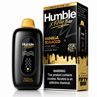 Vanilla Tobacco Fifty Bar X Humble shown with its retail box, 20,000 puffs, 5% nicotine