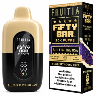 Fruitia x Fifty Bar Blueberry Pound Cake 20K disposable vape displayed with branded retail packaging, featuring a cream and black finish, Active Boost, dual parallel mesh coil, digital battery display, and 5% nicotine