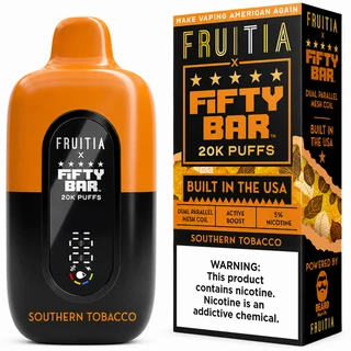 Fruitia x Fifty Bar Southern Tobacco 20K disposable vape with branded retail packaging, featuring an orange and black finish, digital battery display, Active Boost, dual parallel mesh coil, and 5% nicotine