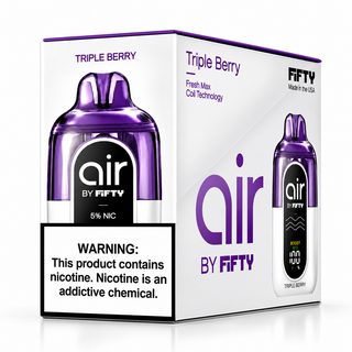 Air by Fifty Bar Triple Berry five-pack disposable vape carton featuring purple metallic and white devices, FreshMax coil technology, Boost/Eco modes, and 5% nicotine