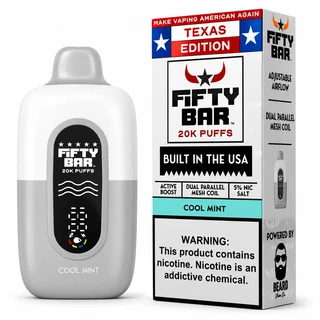 Cool Mint Fifty Bar Texas Edition shown with its retail box, 20,000 puffs, 5% nicotine