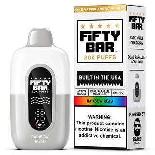 Fifty Bar Strawberry Lemon Grape 20K disposable vape, formerly Rainbow Road, shown with matching retail packaging, white and silver finish, Active Boost, dual parallel mesh coil, digital battery display, and 5% nicotine