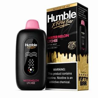 Watermelon Lychee Fifty Bar X Humble shown with its retail box, 20,000 puffs, 5% nicotine