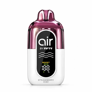 Air by Fifty Strawberry Kiwi disposable vape in a polished pink and white finish with front digital power display and selectable Boost and Eco settings
