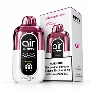 Strawberry Kiwi Air by Fifty disposable vape paired with its retail packaging, with a glossy pink upper shell, white body, digital battery screen, Boost Mode, and FreshMax coil system
