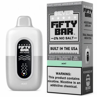 Mint Fifty Bar Silver Series shown with its retail box, 20,000 puffs, 2% (20mg) nicotine