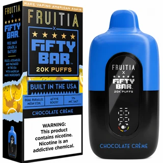 Fruitia x Fifty Bar Chocolate Crème 20K disposable vape shown with its retail packaging, featuring a vivid blue and black finish, 900mAh battery, Active Boost, dual parallel mesh coil, and 5% nicotine salt