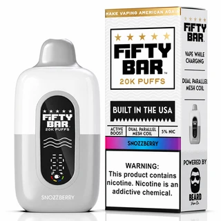 Fifty Bar Snozzberry 20K disposable vape shown with matching retail packaging, featuring a white and silver finish, Active Boost, dual parallel mesh coil, front digital battery display, and 5% nicotine