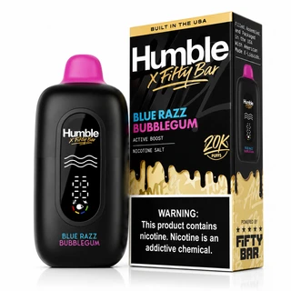 Blue Razz Bubblegum Fifty Bar X Humble shown with its retail box, 20,000 puffs, 5% nicotine