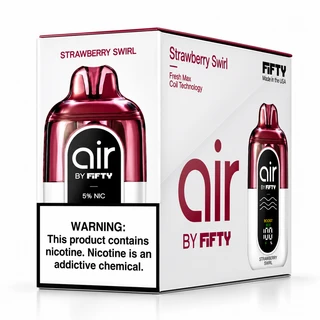 Air by Fifty Strawberry Swirl five-pack disposable vape carton featuring red metallic and white devices, FreshMax coil technology, Boost/Eco modes, and 5% nicotine