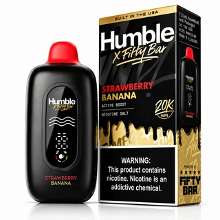 Strawberry Banana Fifty Bar X Humble shown with its retail box, 20,000 puffs, 5% nicotine