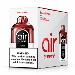 Air by Fifty Rocket Pop five-pack disposable vape carton highlighting red and white devices, FreshMax coil technology, Boost/Eco settings, and 5% nicotine