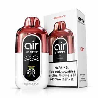 Rocket Pop Air by Fifty disposable vape shown beside its retail package, with a red and white finish, front digital screen, FreshMax coil technology, and 5% nicotine