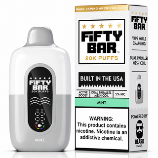 Mint Fifty Bar 20K disposable vape shown with matching retail packaging, featuring a white and silver body, Active Boost, dual parallel mesh coil, and 5% nicotine