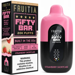 Strawberry Shortcake Fruitia x Fifty Bar 20K disposable vape shown with coordinating retail packaging, featuring a pink-and-black finish, 900mAh battery, Active Boost, dual parallel mesh coil, and 5% nicotine salt