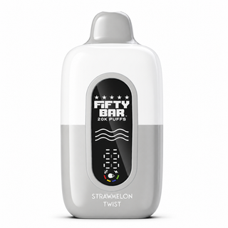 Fifty Bar 20K disposable vape in a white and light gray finish with front display, updated flavor Strawberry Watermelon Ice, formerly Strawmelon Twist