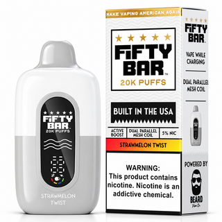 Fifty Bar 20K disposable vape shown with matching retail packaging in a white and light gray finish, updated flavor Strawberry Watermelon Ice, formerly Strawmelon Twist, featuring active boost, dual parallel mesh coil, and 5% nicotine