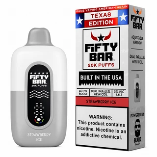 Strawberry Ice Fifty Bar Texas Edition shown with its retail box, 20,000 puffs, 5% nicotine