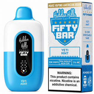 Hidden Hills Club x Fifty Bar Yeti Mint 20K disposable vape shown with matching retail packaging, featuring a blue and white finish, dual parallel mesh coil, front digital battery display, and 5% nicotine