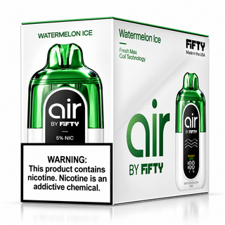 Air by Fifty Watermelon Ice five-pack disposable vape carton with green and white devices, FreshMax coil technology, Boost/Eco modes, and 5% nicotine