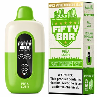 Hidden Hills Club x Fifty Bar Piña Lush 20K disposable vape shown with branded retail packaging, featuring a vibrant green and cream finish, dual parallel mesh coil, digital battery display, and 5% nicotine salt