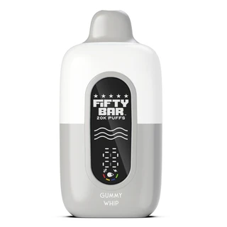 Fifty Bar 20K disposable vape in a white and silver colorway, formerly called Gummy Whip, with a rounded mouthpiece, front power indicator, and compact rechargeable design
