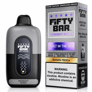 Banana Fresca Fifty Bar Midnight Series shown with its retail box, 20,000 puffs, 5% nicotine
