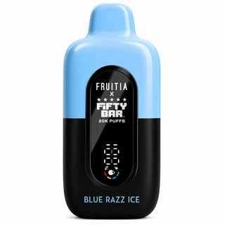 Blue Razz Ice Fruitia x Fifty Bar 20K disposable vape with icy blue upper shell, black base, front digital battery indicator, and sleek rounded body