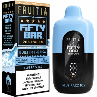 Fruitia x Fifty Bar Blue Razz Ice 20K disposable vape displayed with retail packaging, featuring a light blue and black finish, 900mAh battery, Active Boost, dual parallel mesh coil, and 5% nicotine salt